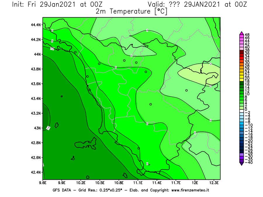 Mappa di analisi GFS - Temperatura a 2 metri dal suolo [°C] in Toscana
							del 29/01/2021 00 <!--googleoff: index-->UTC<!--googleon: index-->
