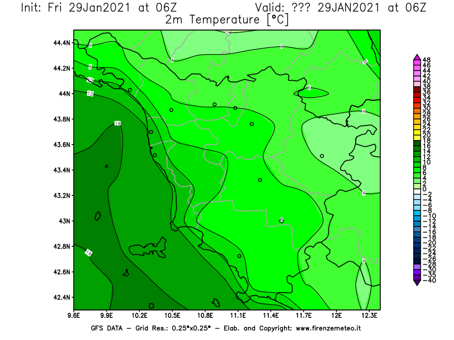 Mappa di analisi GFS - Temperatura a 2 metri dal suolo [°C] in Toscana
									del 29/01/2021 06 <!--googleoff: index-->UTC<!--googleon: index-->