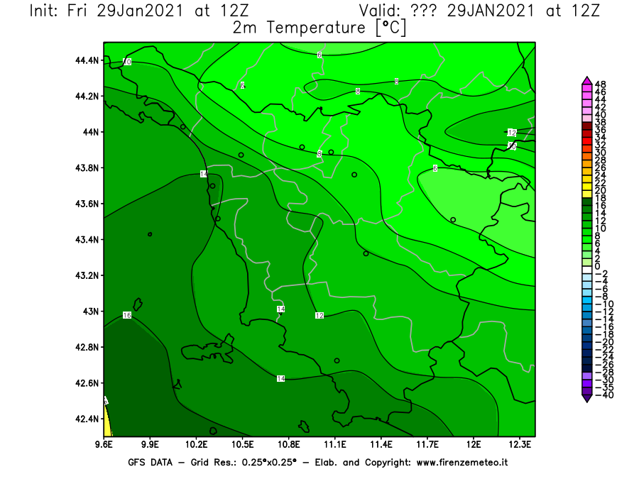Mappa di analisi GFS - Temperatura a 2 metri dal suolo [°C] in Toscana
									del 29/01/2021 12 <!--googleoff: index-->UTC<!--googleon: index-->