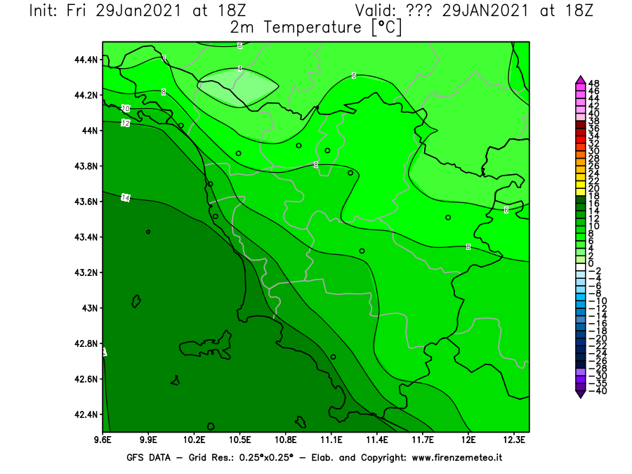 Mappa di analisi GFS - Temperatura a 2 metri dal suolo [°C] in Toscana
									del 29/01/2021 18 <!--googleoff: index-->UTC<!--googleon: index-->