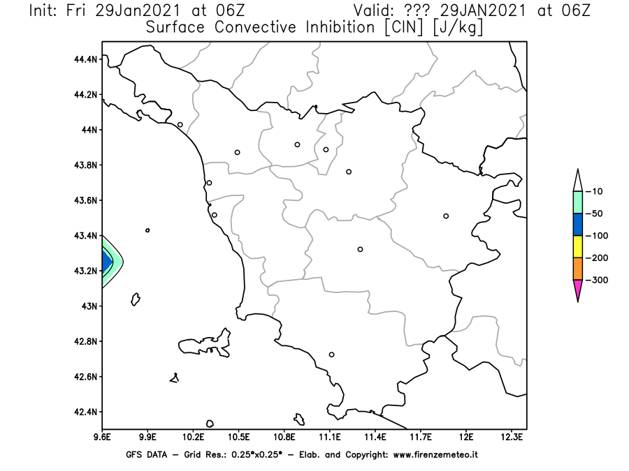 Mappa di analisi GFS - CIN [J/kg] in Toscana
									del 29/01/2021 06 <!--googleoff: index-->UTC<!--googleon: index-->