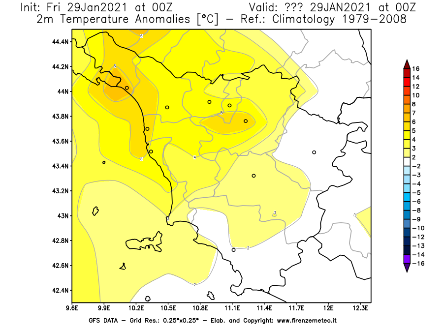 Mappa di analisi GFS - Anomalia Temperatura [°C] a 2 m in Toscana
							del 29/01/2021 00 <!--googleoff: index-->UTC<!--googleon: index-->
