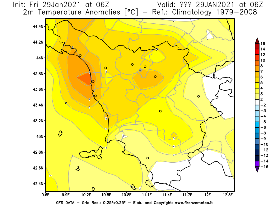 Mappa di analisi GFS - Anomalia Temperatura [°C] a 2 m in Toscana
							del 29/01/2021 06 <!--googleoff: index-->UTC<!--googleon: index-->