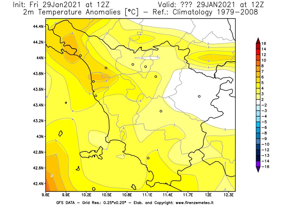 Mappa di analisi GFS - Anomalia Temperatura [°C] a 2 m in Toscana
							del 29/01/2021 12 <!--googleoff: index-->UTC<!--googleon: index-->