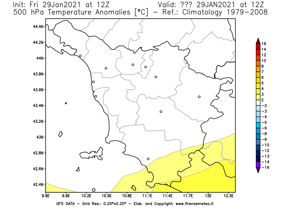 Mappa di analisi GFS - Anomalia Temperatura [°C] a 500 hPa in Toscana
									del 29/01/2021 12 <!--googleoff: index-->UTC<!--googleon: index-->