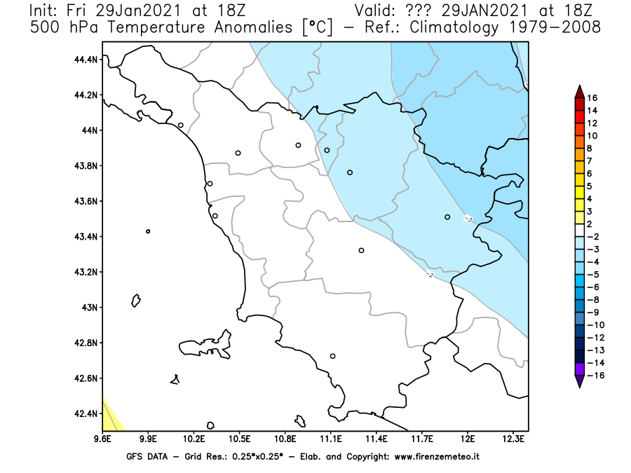 Mappa di analisi GFS - Anomalia Temperatura [°C] a 500 hPa in Toscana
							del 29/01/2021 18 <!--googleoff: index-->UTC<!--googleon: index-->