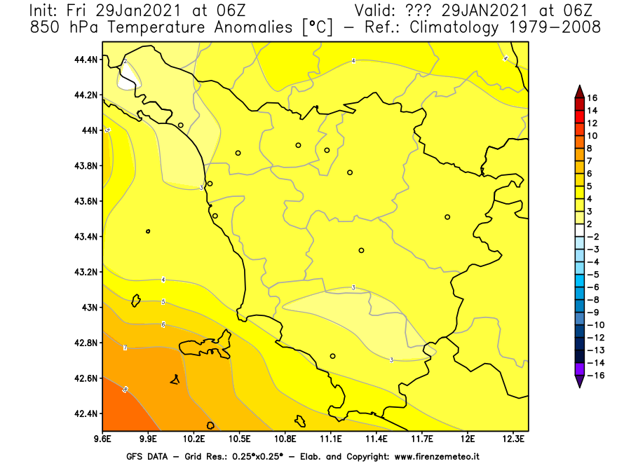Mappa di analisi GFS - Anomalia Temperatura [°C] a 850 hPa in Toscana
									del 29/01/2021 06 <!--googleoff: index-->UTC<!--googleon: index-->