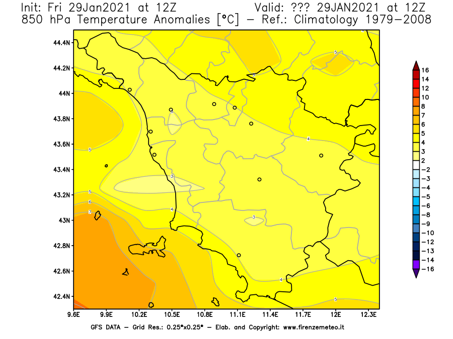 Mappa di analisi GFS - Anomalia Temperatura [°C] a 850 hPa in Toscana
									del 29/01/2021 12 <!--googleoff: index-->UTC<!--googleon: index-->