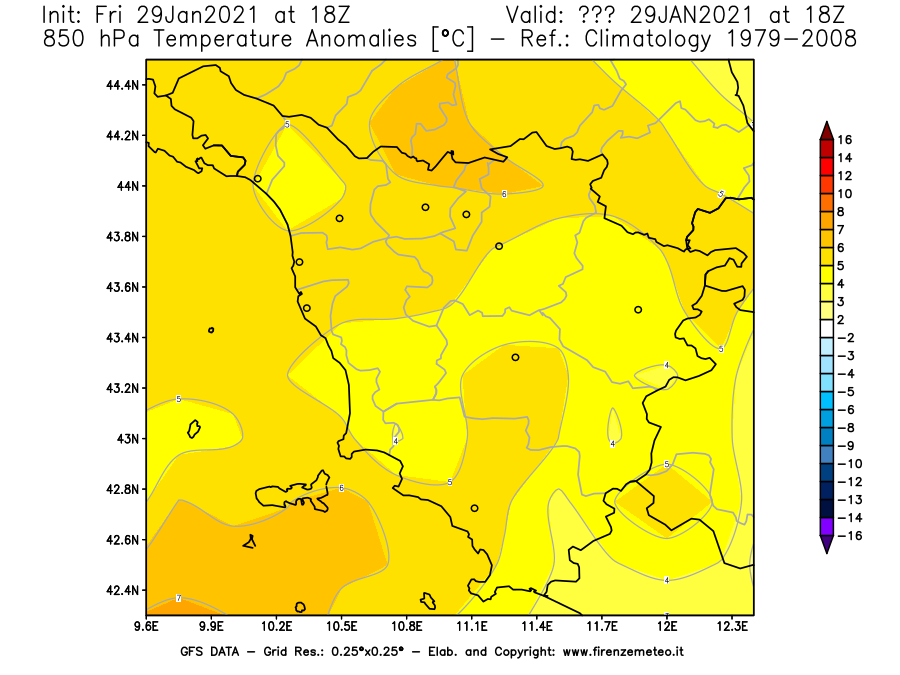 Mappa di analisi GFS - Anomalia Temperatura [°C] a 850 hPa in Toscana
							del 29/01/2021 18 <!--googleoff: index-->UTC<!--googleon: index-->