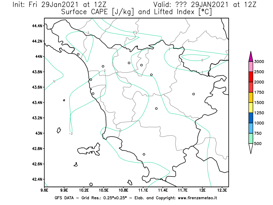 Mappa di analisi GFS - CAPE [J/kg] e Lifted Index [°C] in Toscana
							del 29/01/2021 12 <!--googleoff: index-->UTC<!--googleon: index-->