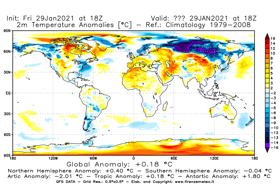 Mappa di analisi GFS - Anomalia Temperatura [°C] a 2 m in World
									del 29/01/2021 18 <!--googleoff: index-->UTC<!--googleon: index-->