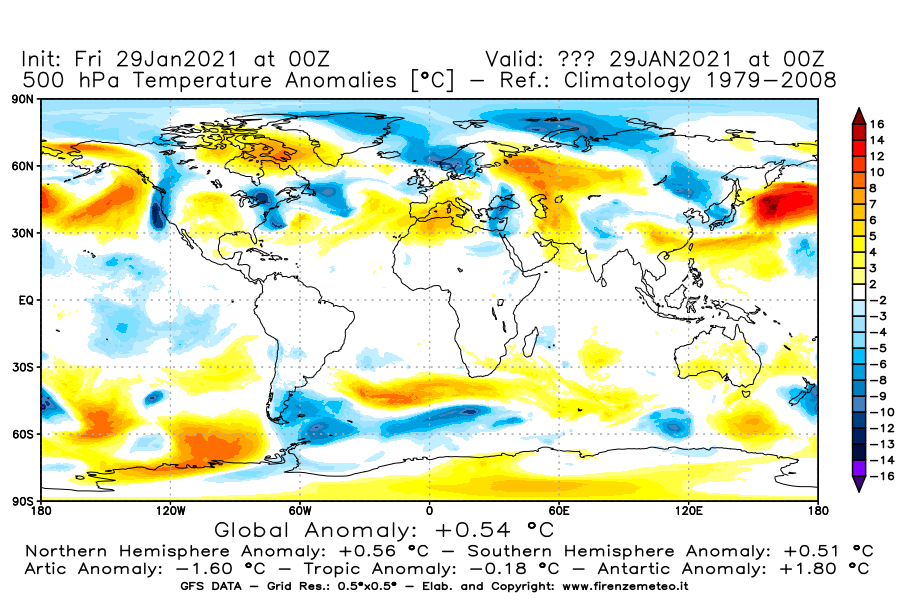 Mappa di analisi GFS - Anomalia Temperatura [°C] a 500 hPa in World
									del 29/01/2021 00 <!--googleoff: index-->UTC<!--googleon: index-->