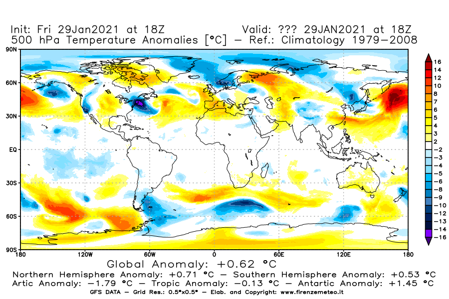 Mappa di analisi GFS - Anomalia Temperatura [°C] a 500 hPa in World
							del 29/01/2021 18 <!--googleoff: index-->UTC<!--googleon: index-->