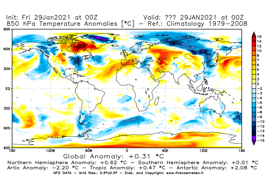 Mappa di analisi GFS - Anomalia Temperatura [°C] a 850 hPa in World
									del 29/01/2021 00 <!--googleoff: index-->UTC<!--googleon: index-->