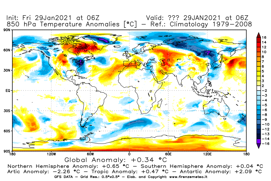 Mappa di analisi GFS - Anomalia Temperatura [°C] a 850 hPa in World
							del 29/01/2021 06 <!--googleoff: index-->UTC<!--googleon: index-->