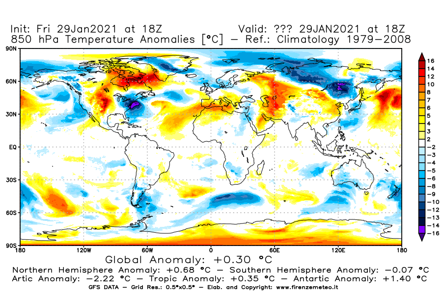 Mappa di analisi GFS - Anomalia Temperatura [°C] a 850 hPa in World
									del 29/01/2021 18 <!--googleoff: index-->UTC<!--googleon: index-->