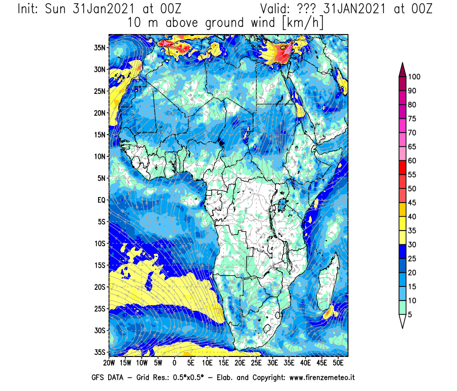 Mappa di analisi GFS - Velocità del vento a 10 metri dal suolo [km/h] in Africa
							del 31/01/2021 00 <!--googleoff: index-->UTC<!--googleon: index-->
