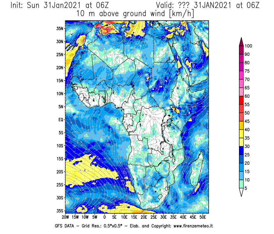 Mappa di analisi GFS - Velocità del vento a 10 metri dal suolo [km/h] in Africa
									del 31/01/2021 06 <!--googleoff: index-->UTC<!--googleon: index-->