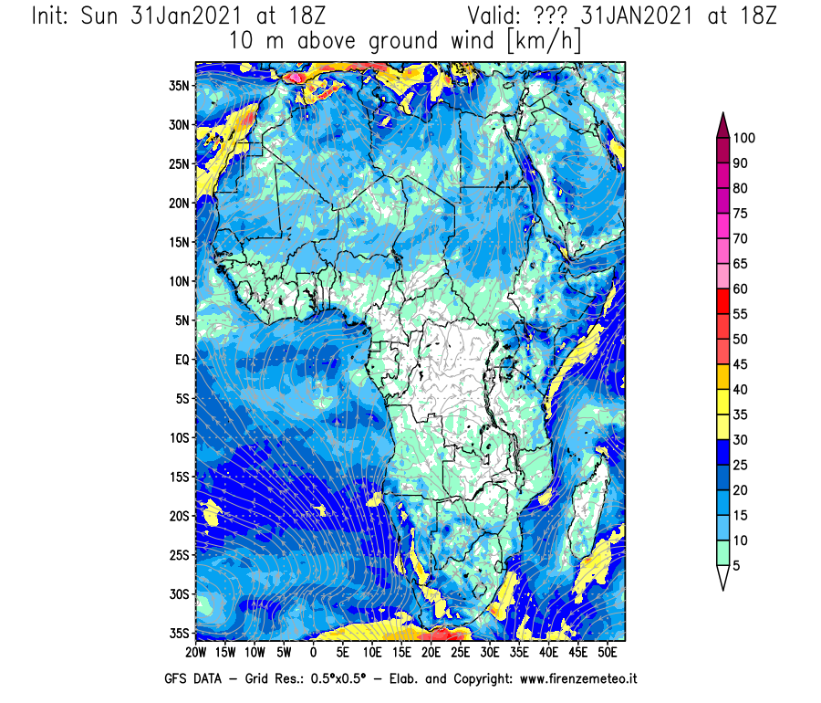Mappa di analisi GFS - Velocità del vento a 10 metri dal suolo [km/h] in Africa
									del 31/01/2021 18 <!--googleoff: index-->UTC<!--googleon: index-->