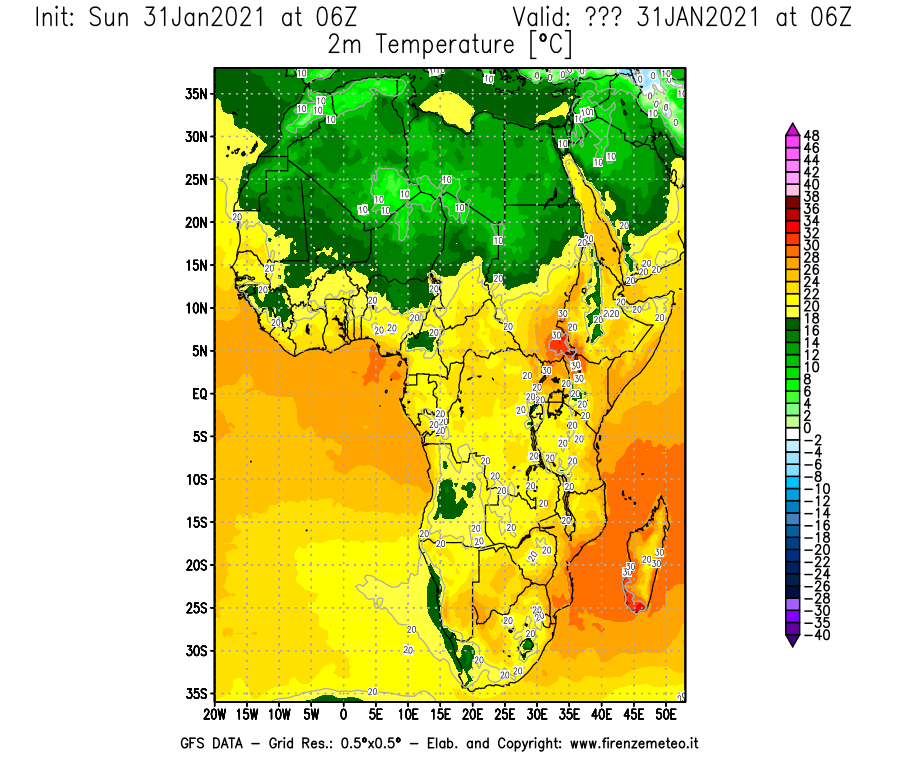 Mappa di analisi GFS - Temperatura a 2 metri dal suolo [°C] in Africa
									del 31/01/2021 06 <!--googleoff: index-->UTC<!--googleon: index-->