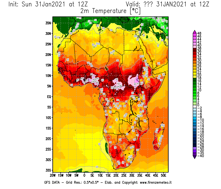 Mappa di analisi GFS - Temperatura a 2 metri dal suolo [°C] in Africa
									del 31/01/2021 12 <!--googleoff: index-->UTC<!--googleon: index-->