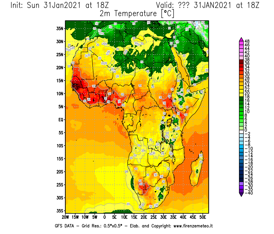 Mappa di analisi GFS - Temperatura a 2 metri dal suolo [°C] in Africa
							del 31/01/2021 18 <!--googleoff: index-->UTC<!--googleon: index-->