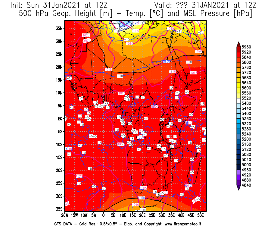 Mappa di analisi GFS - Geopotenziale [m] + Temp. [°C] a 500 hPa + Press. a livello del mare [hPa] in Africa
									del 31/01/2021 12 <!--googleoff: index-->UTC<!--googleon: index-->
