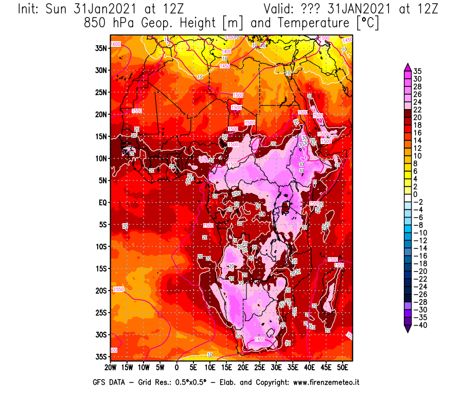 Mappa di analisi GFS - Geopotenziale [m] e Temperatura [°C] a 850 hPa in Africa
									del 31/01/2021 12 <!--googleoff: index-->UTC<!--googleon: index-->