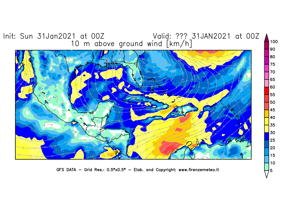Mappa di analisi GFS - Velocità del vento a 10 metri dal suolo [km/h] in Centro-America
									del 31/01/2021 00 <!--googleoff: index-->UTC<!--googleon: index-->