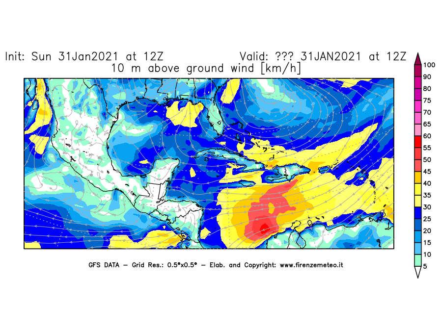 Mappa di analisi GFS - Velocità del vento a 10 metri dal suolo [km/h] in Centro-America
							del 31/01/2021 12 <!--googleoff: index-->UTC<!--googleon: index-->
