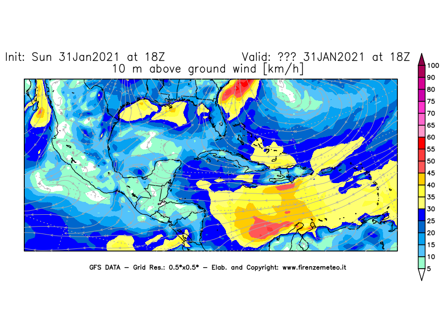 Mappa di analisi GFS - Velocità del vento a 10 metri dal suolo [km/h] in Centro-America
									del 31/01/2021 18 <!--googleoff: index-->UTC<!--googleon: index-->