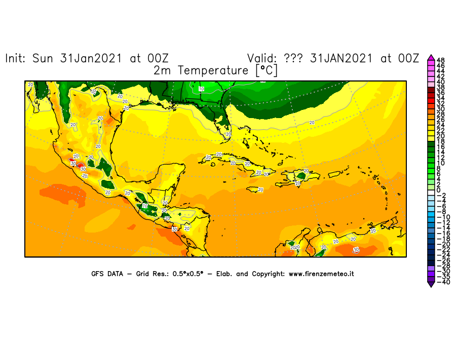 Mappa di analisi GFS - Temperatura a 2 metri dal suolo [°C] in Centro-America
							del 31/01/2021 00 <!--googleoff: index-->UTC<!--googleon: index-->