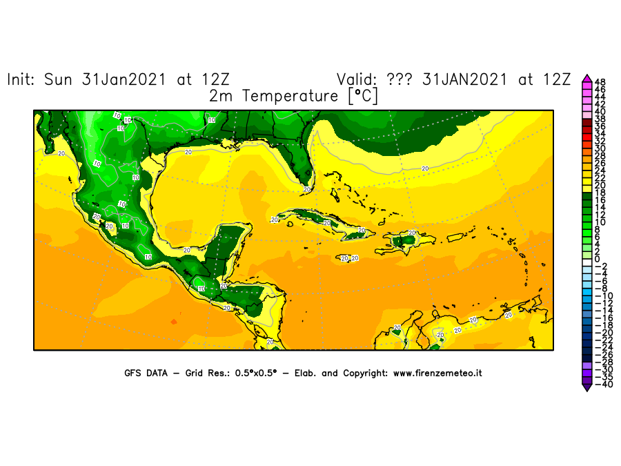 Mappa di analisi GFS - Temperatura a 2 metri dal suolo [°C] in Centro-America
							del 31/01/2021 12 <!--googleoff: index-->UTC<!--googleon: index-->