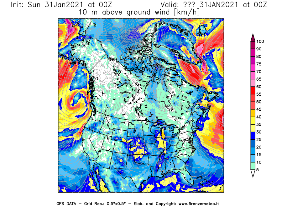 Mappa di analisi GFS - Velocità del vento a 10 metri dal suolo [km/h] in Nord-America
									del 31/01/2021 00 <!--googleoff: index-->UTC<!--googleon: index-->
