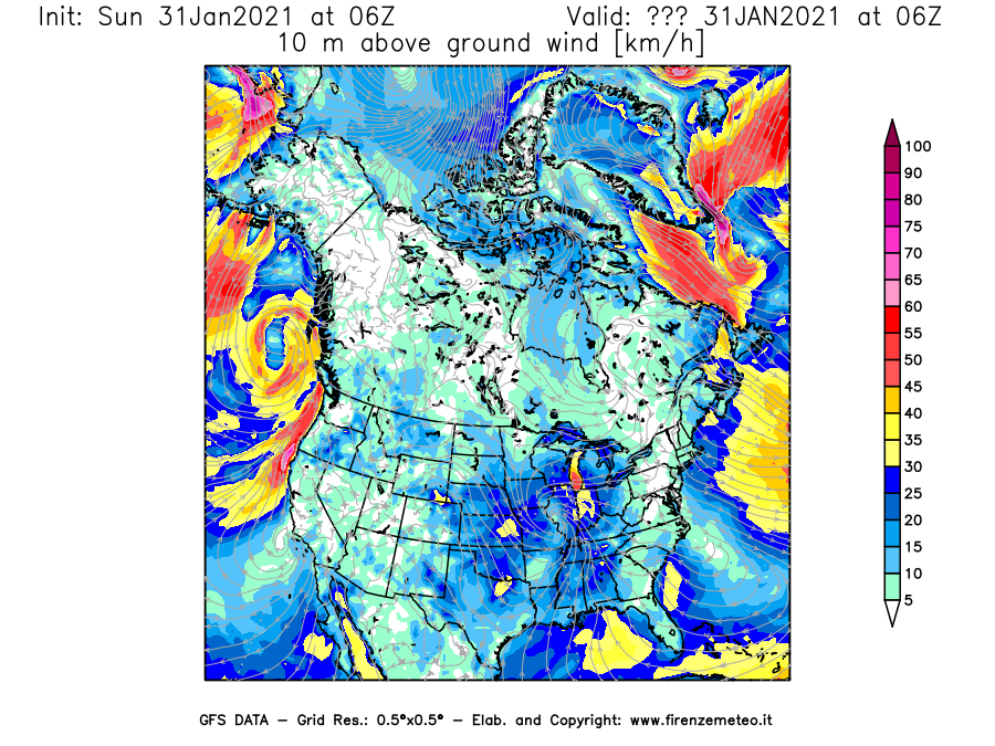Mappa di analisi GFS - Velocità del vento a 10 metri dal suolo [km/h] in Nord-America
							del 31/01/2021 06 <!--googleoff: index-->UTC<!--googleon: index-->