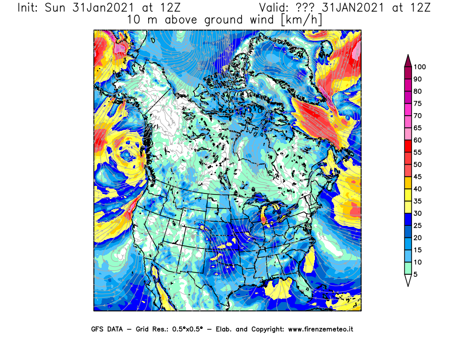 Mappa di analisi GFS - Velocità del vento a 10 metri dal suolo [km/h] in Nord-America
							del 31/01/2021 12 <!--googleoff: index-->UTC<!--googleon: index-->