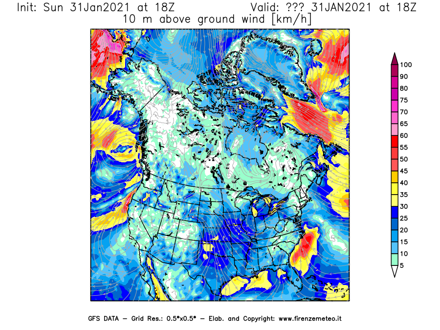 Mappa di analisi GFS - Velocità del vento a 10 metri dal suolo [km/h] in Nord-America
									del 31/01/2021 18 <!--googleoff: index-->UTC<!--googleon: index-->