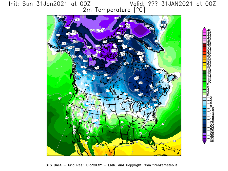 Mappa di analisi GFS - Temperatura a 2 metri dal suolo [°C] in Nord-America
							del 31/01/2021 00 <!--googleoff: index-->UTC<!--googleon: index-->