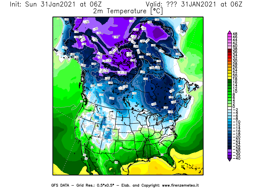 Mappa di analisi GFS - Temperatura a 2 metri dal suolo [°C] in Nord-America
									del 31/01/2021 06 <!--googleoff: index-->UTC<!--googleon: index-->