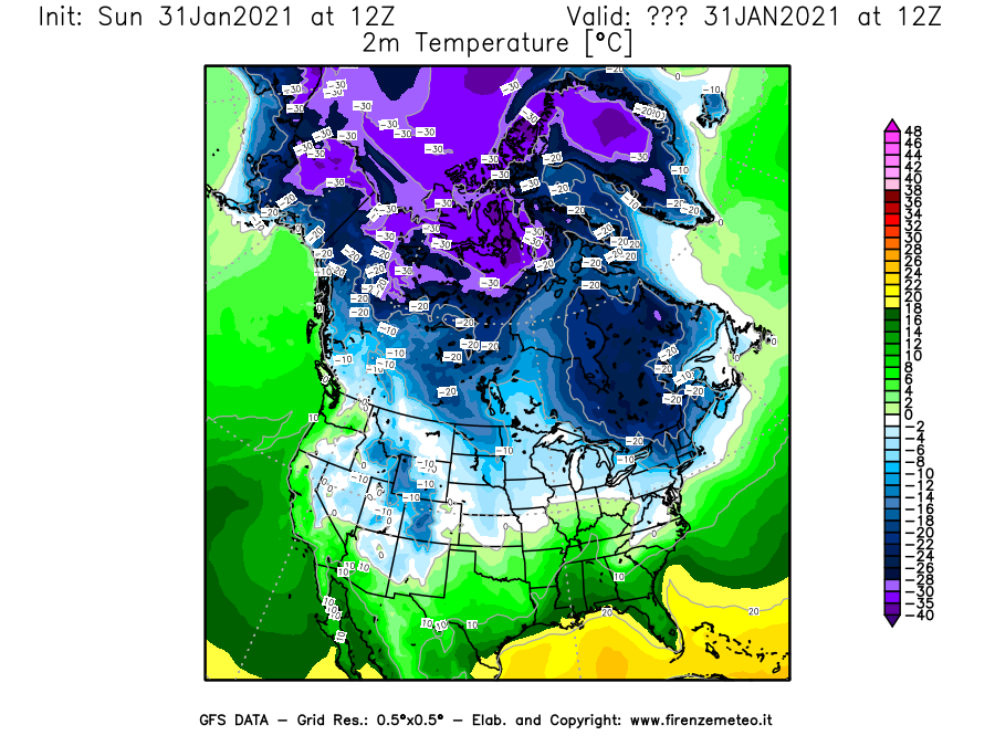 Mappa di analisi GFS - Temperatura a 2 metri dal suolo [°C] in Nord-America
							del 31/01/2021 12 <!--googleoff: index-->UTC<!--googleon: index-->