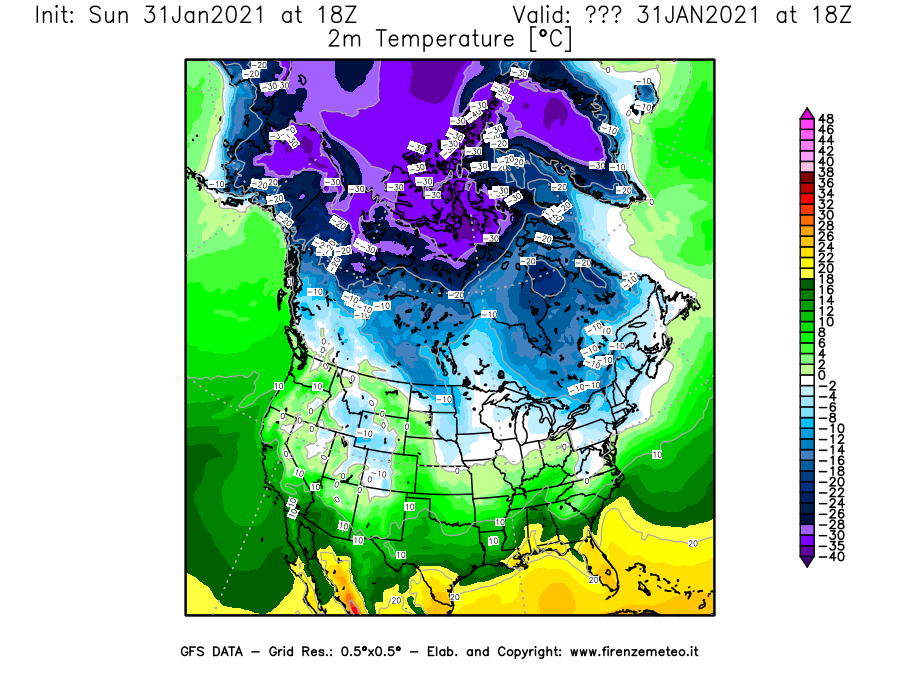 Mappa di analisi GFS - Temperatura a 2 metri dal suolo [°C] in Nord-America
							del 31/01/2021 18 <!--googleoff: index-->UTC<!--googleon: index-->