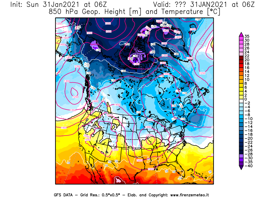 Mappa di analisi GFS - Geopotenziale [m] e Temperatura [°C] a 850 hPa in Nord-America
									del 31/01/2021 06 <!--googleoff: index-->UTC<!--googleon: index-->