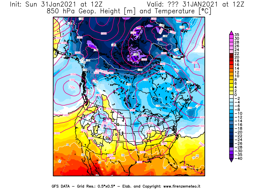 Mappa di analisi GFS - Geopotenziale [m] e Temperatura [°C] a 850 hPa in Nord-America
									del 31/01/2021 12 <!--googleoff: index-->UTC<!--googleon: index-->