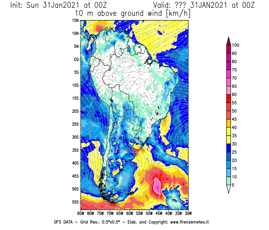 Mappa di analisi GFS - Velocità del vento a 10 metri dal suolo [km/h] in Sud-America
							del 31/01/2021 00 <!--googleoff: index-->UTC<!--googleon: index-->