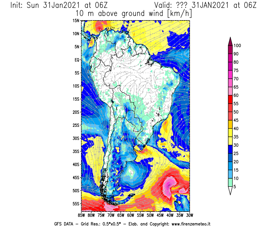Mappa di analisi GFS - Velocità del vento a 10 metri dal suolo [km/h] in Sud-America
									del 31/01/2021 06 <!--googleoff: index-->UTC<!--googleon: index-->