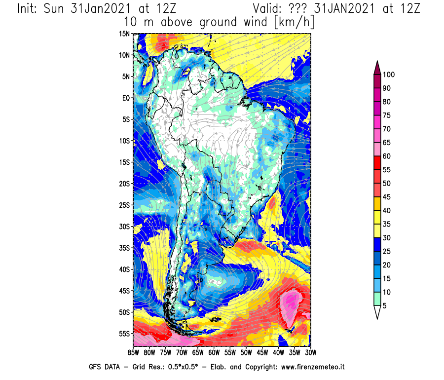 Mappa di analisi GFS - Velocità del vento a 10 metri dal suolo [km/h] in Sud-America
							del 31/01/2021 12 <!--googleoff: index-->UTC<!--googleon: index-->