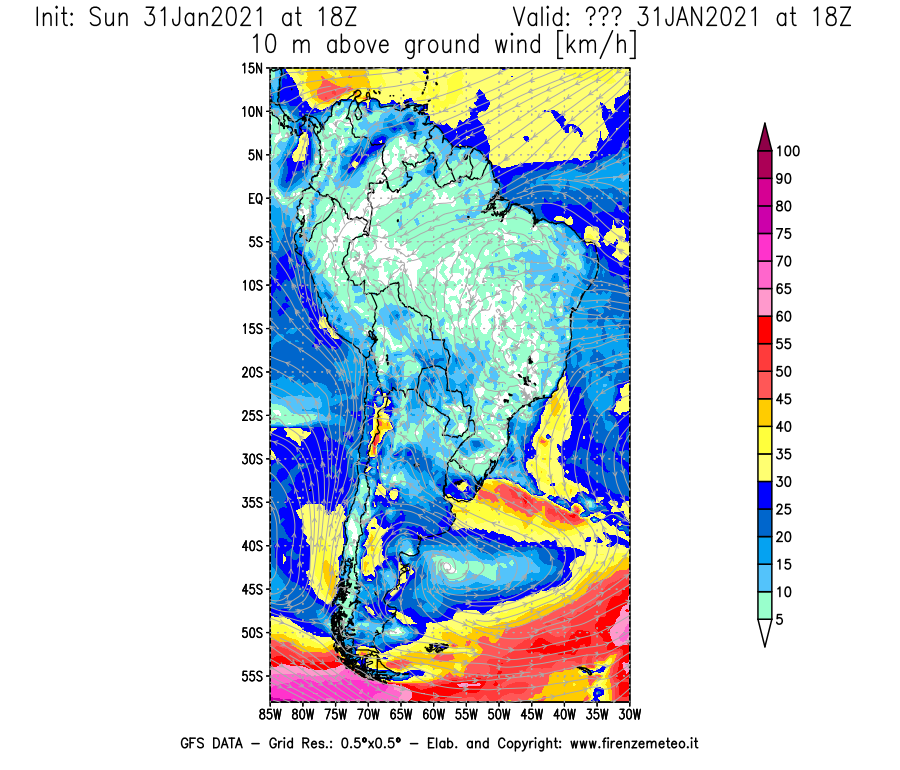 Mappa di analisi GFS - Velocità del vento a 10 metri dal suolo [km/h] in Sud-America
							del 31/01/2021 18 <!--googleoff: index-->UTC<!--googleon: index-->