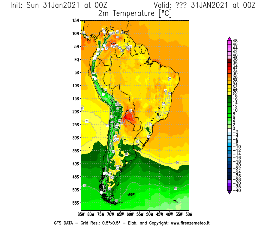 Mappa di analisi GFS - Temperatura a 2 metri dal suolo [°C] in Sud-America
									del 31/01/2021 00 <!--googleoff: index-->UTC<!--googleon: index-->
