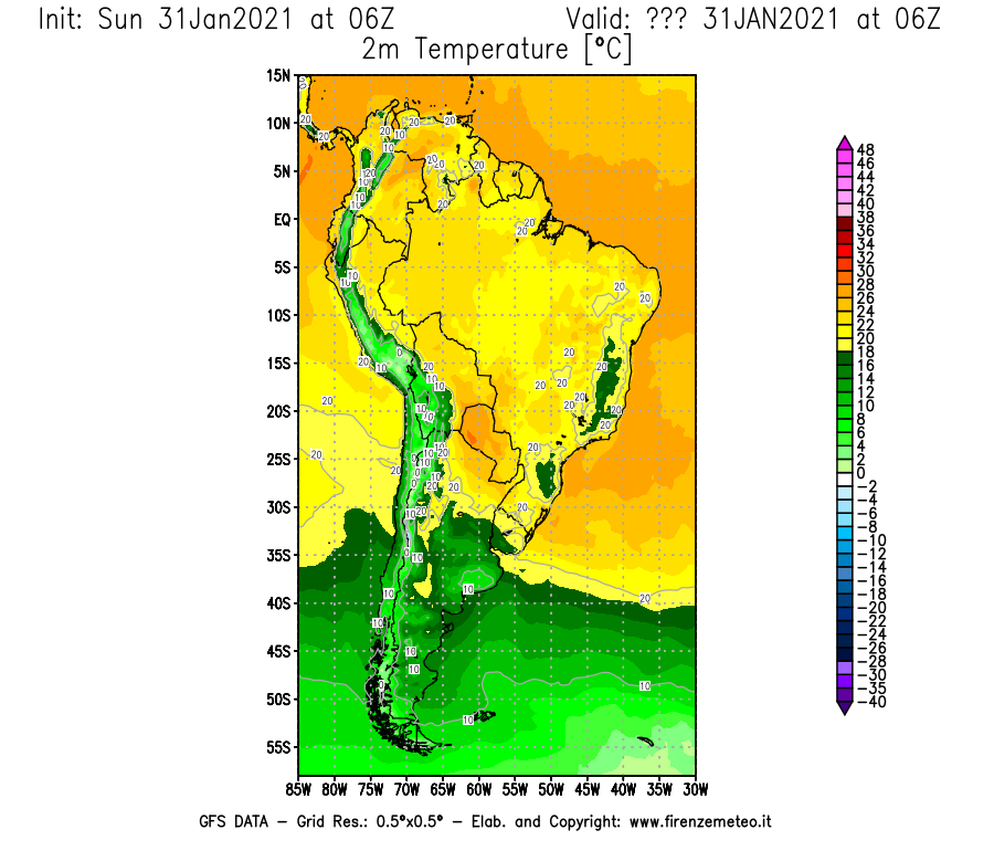 Mappa di analisi GFS - Temperatura a 2 metri dal suolo [°C] in Sud-America
									del 31/01/2021 06 <!--googleoff: index-->UTC<!--googleon: index-->