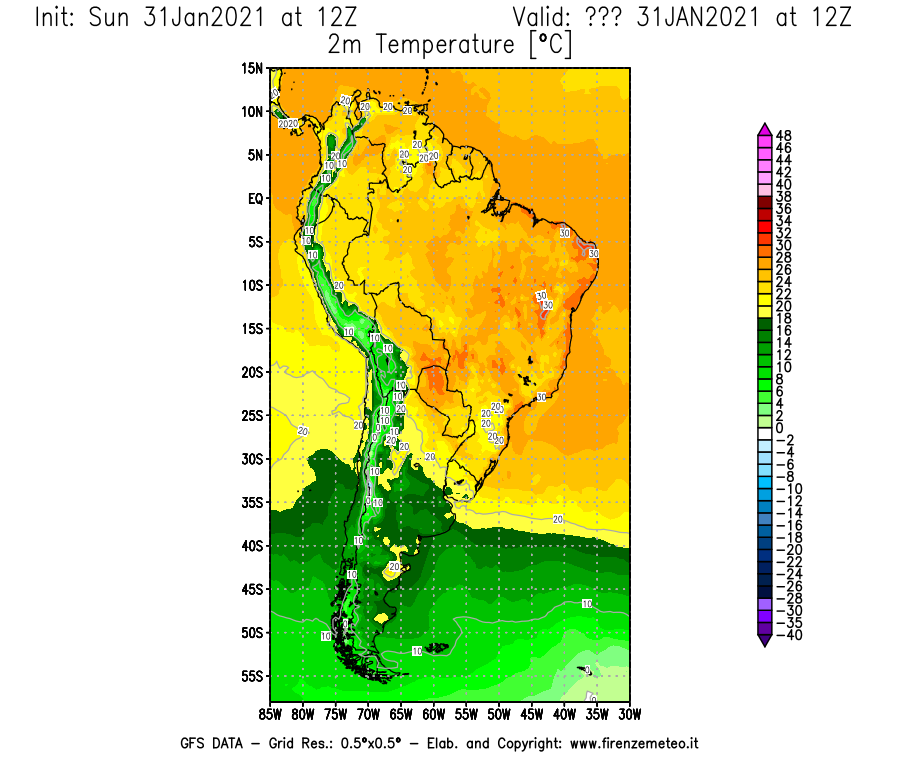 Mappa di analisi GFS - Temperatura a 2 metri dal suolo [°C] in Sud-America
							del 31/01/2021 12 <!--googleoff: index-->UTC<!--googleon: index-->